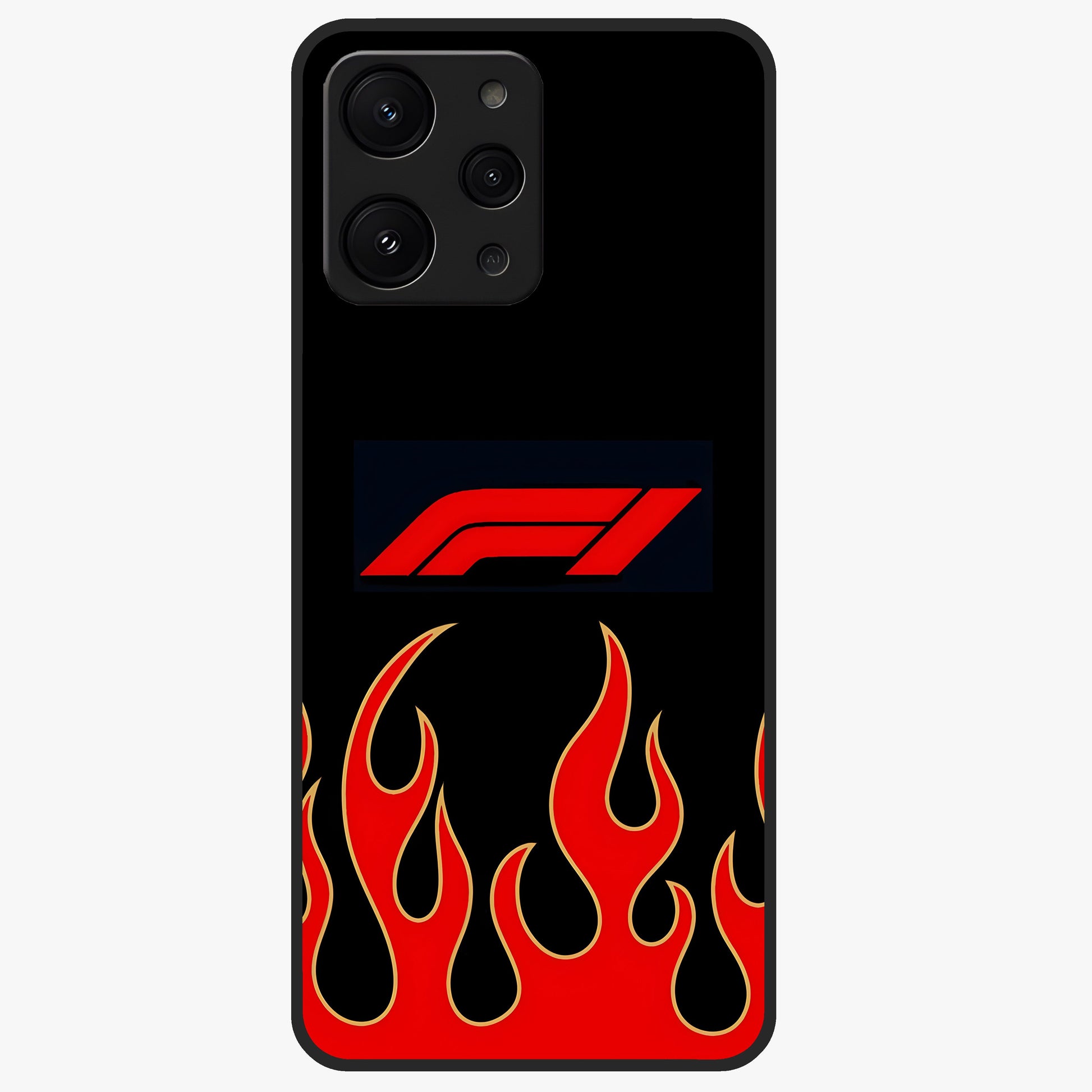 Fire F11 Glass Case showing flat back view with fiery themed artwork and glossy glass finish.