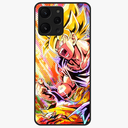 Firing Goku Glass Case showing flat back view with powerful anime inspired artwork and glossy glass finish.