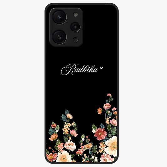 Floral Design With a Custom Personalized Name Glass Case showing flat back view with floral artwork and personalized name design.