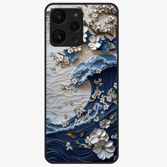 Floral Wave Origami Glass Case showing flat back view with origami inspired floral wave artwork and glossy glass finish.
