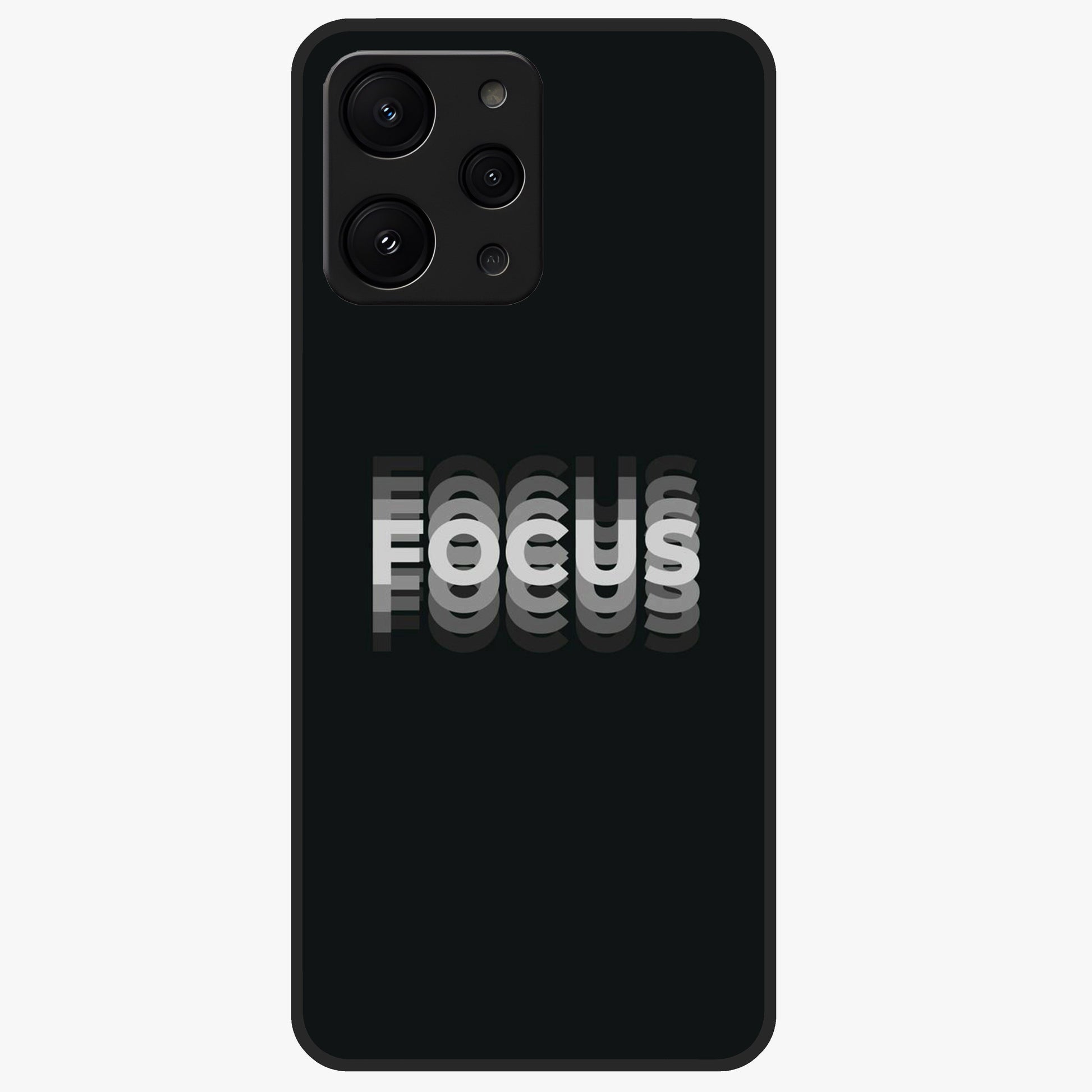 Focus Mode On Glass Case showing flat back view with bold motivational typography design and glossy glass finish.