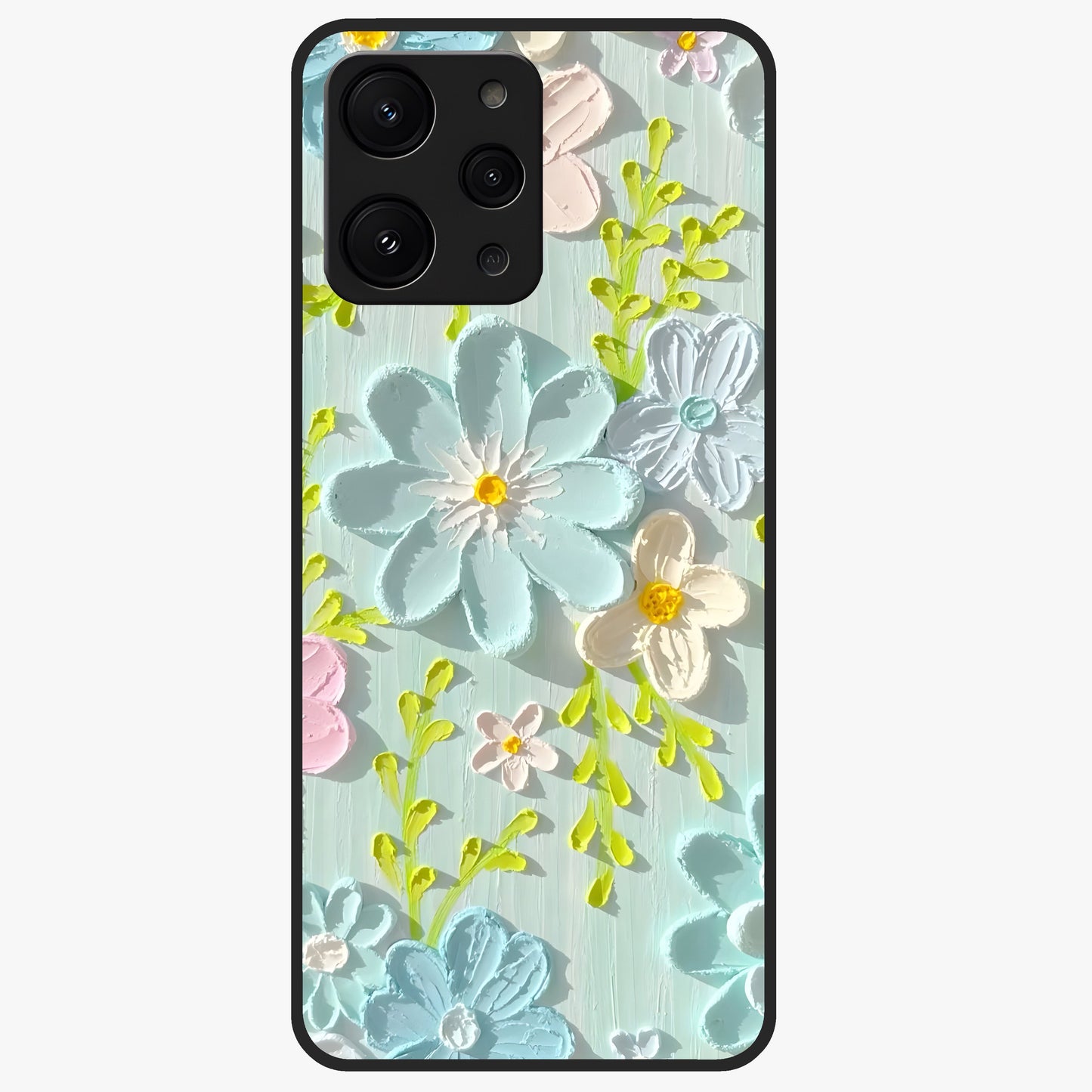 Frosted Petal Garden Glass Case showing flat back view with soft frosted floral artwork and glossy glass finish.