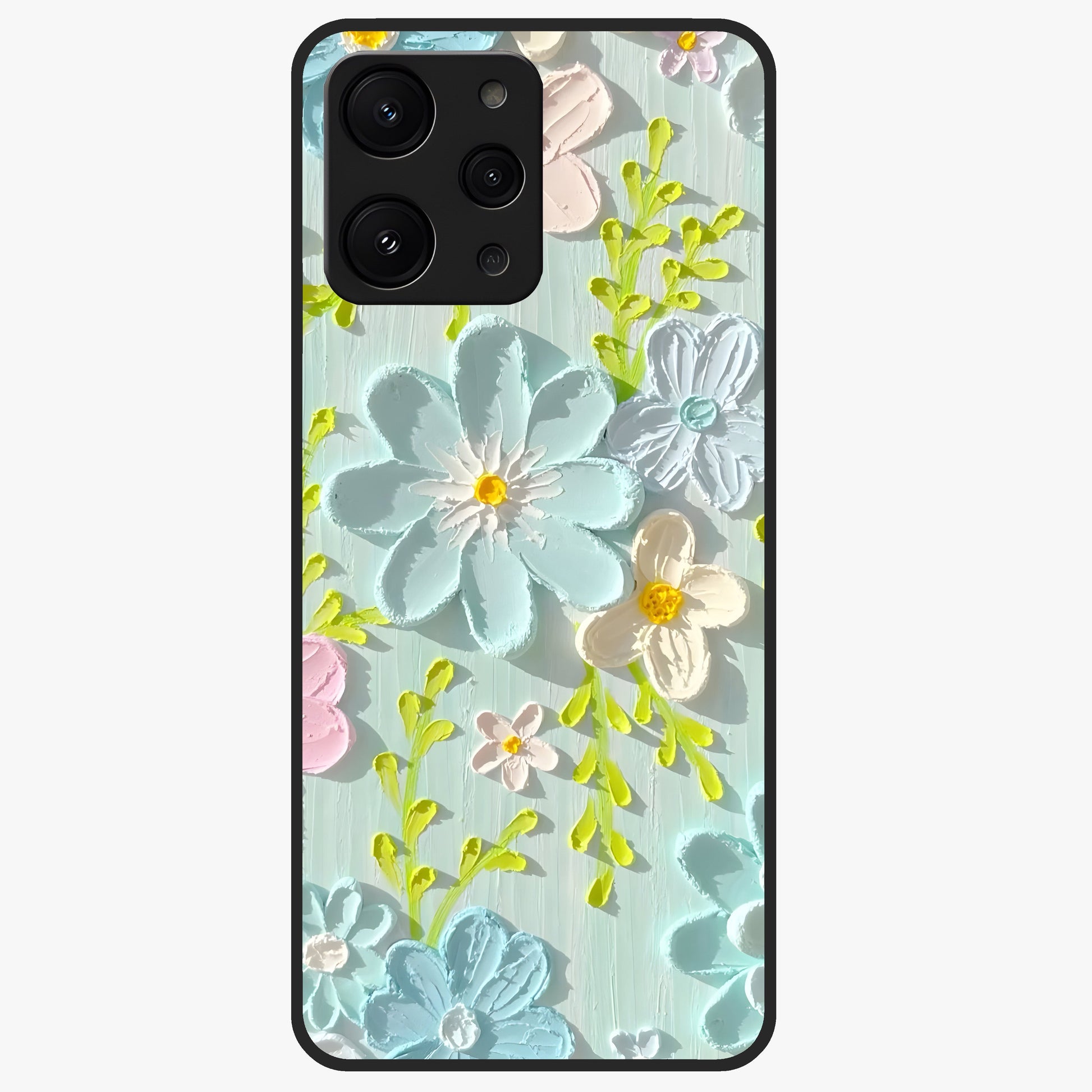 Frosted Petal Garden Glass Case showing flat back view with soft frosted floral artwork and glossy glass finish.