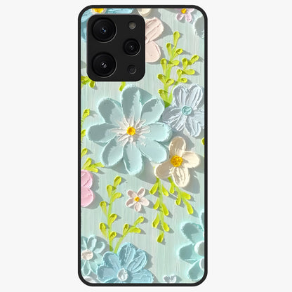 Frosted Petal Garden Glass Case showing flat back view with soft frosted floral artwork and glossy glass finish.
