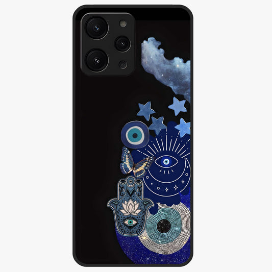 Galactic Charm Cluster Glass Case showing flat back view with glowing celestial charm artwork and glossy glass finish.