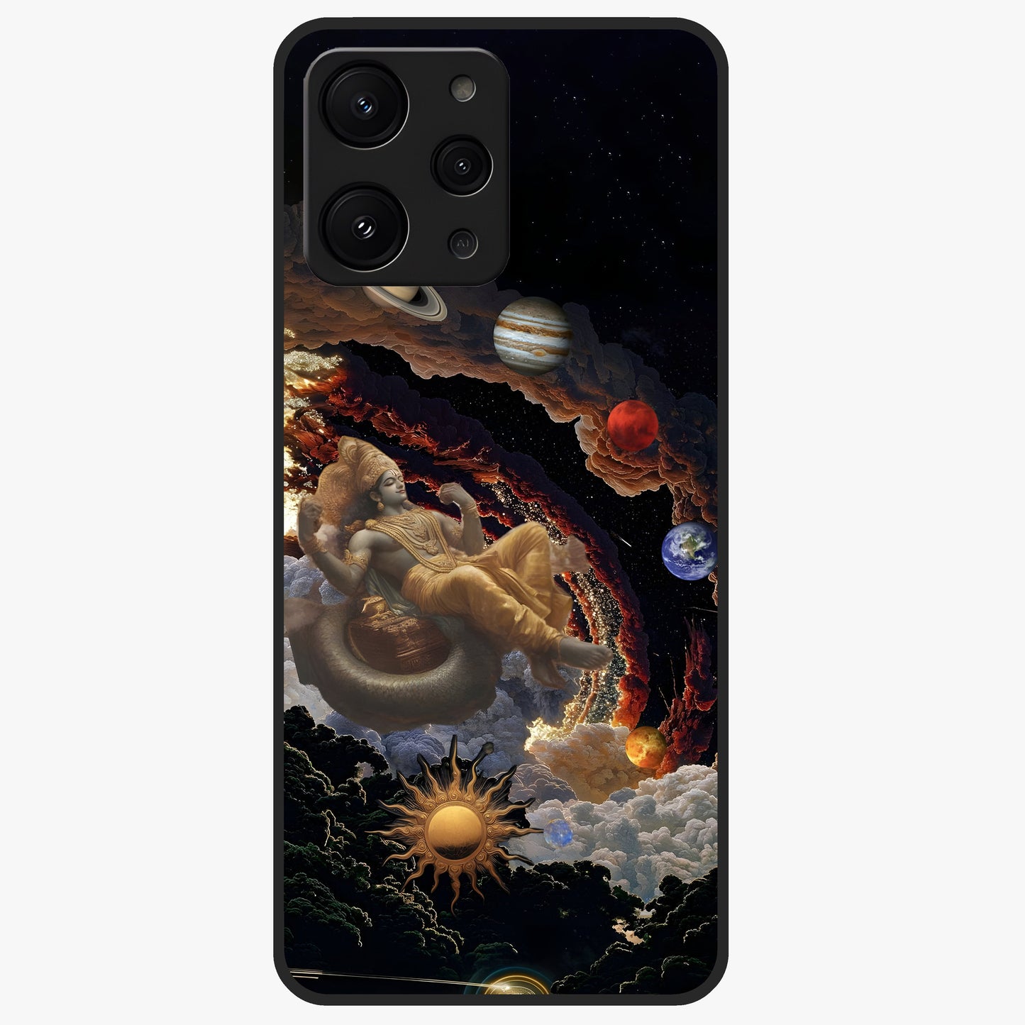 Galactic Divine God Glass Case showing flat back view with divine cosmic themed artwork and glossy glass finish.