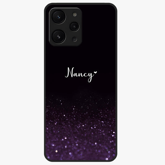 Glittery Purple Bokeh Custom Name Glass Case showing flat back view with purple bokeh sparkle artwork and personalized name design.