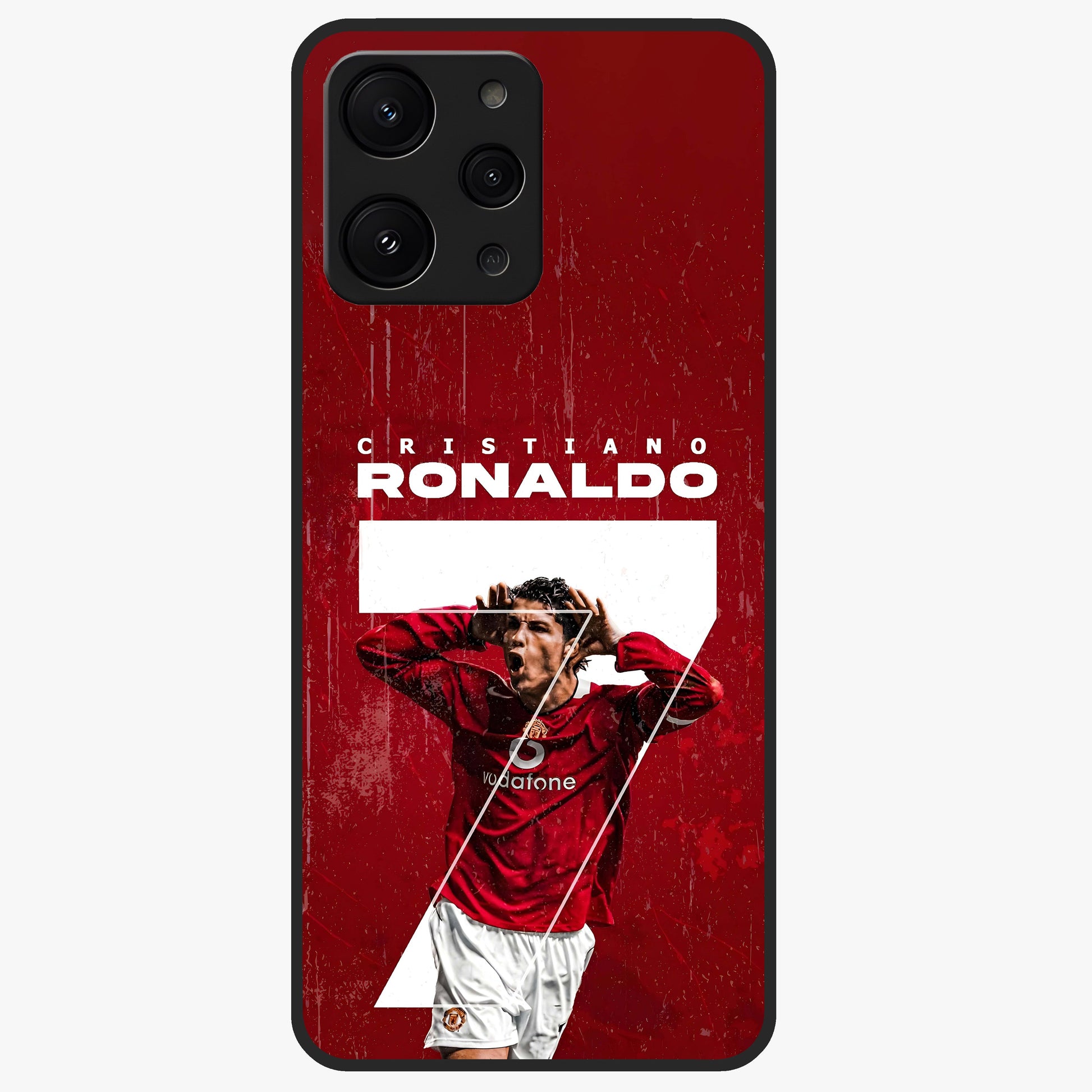 Goal Celebration Legacy Glass Case showing flat back view with football celebration inspired artwork and glossy glass finish.