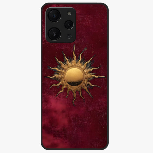 Gold Sun Blush Glass Case showing flat back view with golden sun inspired artwork and glossy glass finish.