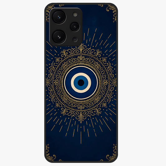 Golden Evil Eye Mandala Glass Case showing flat back view with intricate evil eye mandala artwork and glossy glass finish.