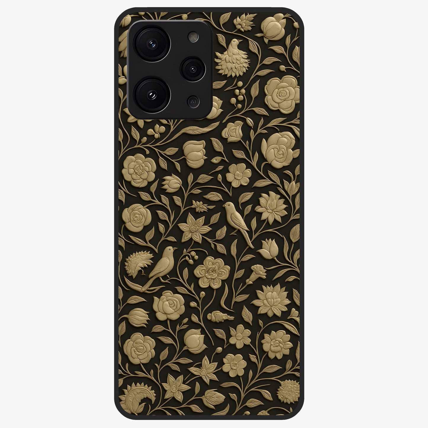 Golden Floral Majesty Glass Case showing flat back view with luxurious golden floral artwork and glossy glass finish.