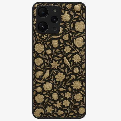 Golden Floral Majesty Glass Case showing flat back view with luxurious golden floral artwork and glossy glass finish.