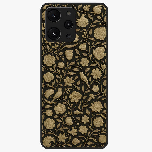 Golden Floral Majesty Glass Case showing flat back view with luxurious golden floral artwork and glossy glass finish.