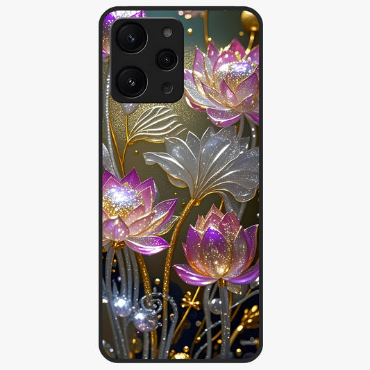 Golden Lotus Glow Glass Case showing flat back view with glowing lotus flower artwork and glossy glass finish.