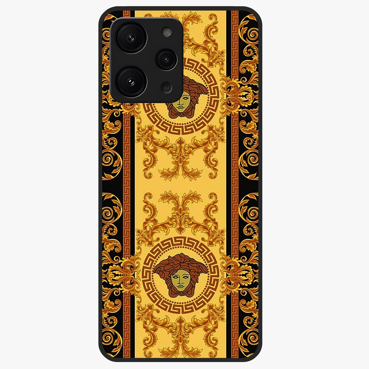 Golden Royal Heritage Glass Case showing flat back view with ornate royal pattern artwork and glossy glass finish.