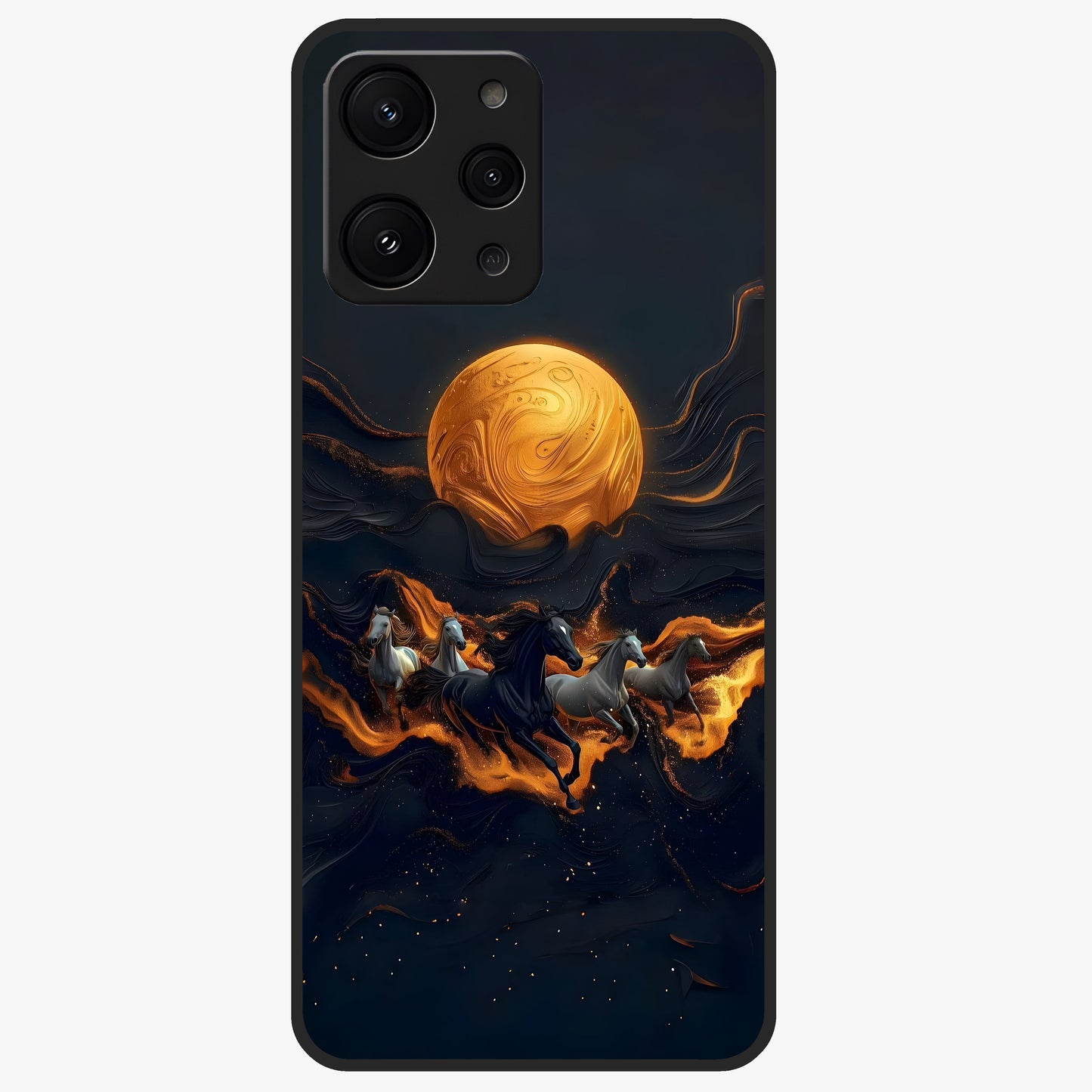 Golden Stallion Moonride Glass Case showing flat back view with majestic horse under moonlight artwork and glossy glass finish.