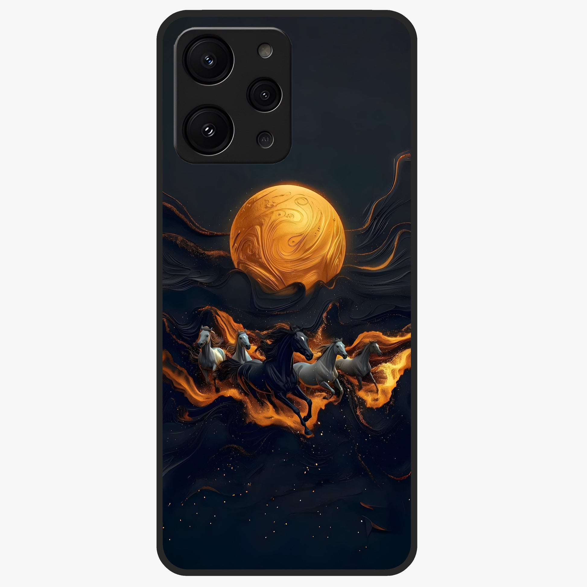 Golden Stallion Moonride Glass Case showing flat back view with majestic horse under moonlight artwork and glossy glass finish.