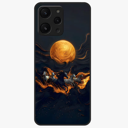 Golden Stallion Moonride Glass Case showing flat back view with majestic horse under moonlight artwork and glossy glass finish.