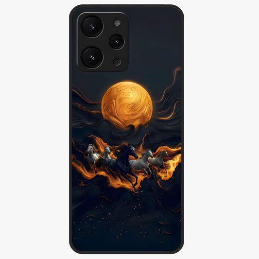 Golden Stallion Moonride Glass Case showing flat back view with majestic horse under moonlight artwork and glossy glass finish.