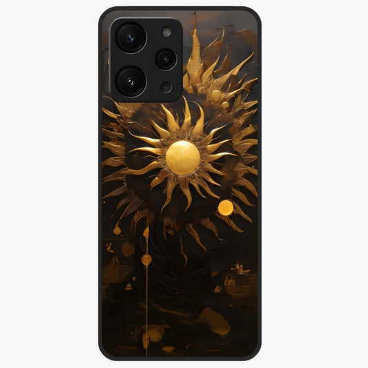 Golden Sun Majesty Glass Case showing flat back view with radiant golden sun artwork and glossy glass finish.
