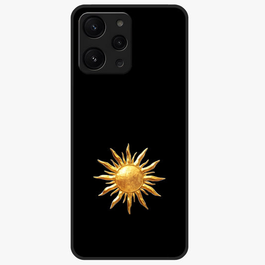 Golden Sun Minimalism Glass Case showing flat back view with minimal golden sun artwork and glossy glass finish.