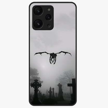 Graveyard Shadow Descent Glass Case showing flat back view with dark graveyard themed artwork and glossy glass finish.