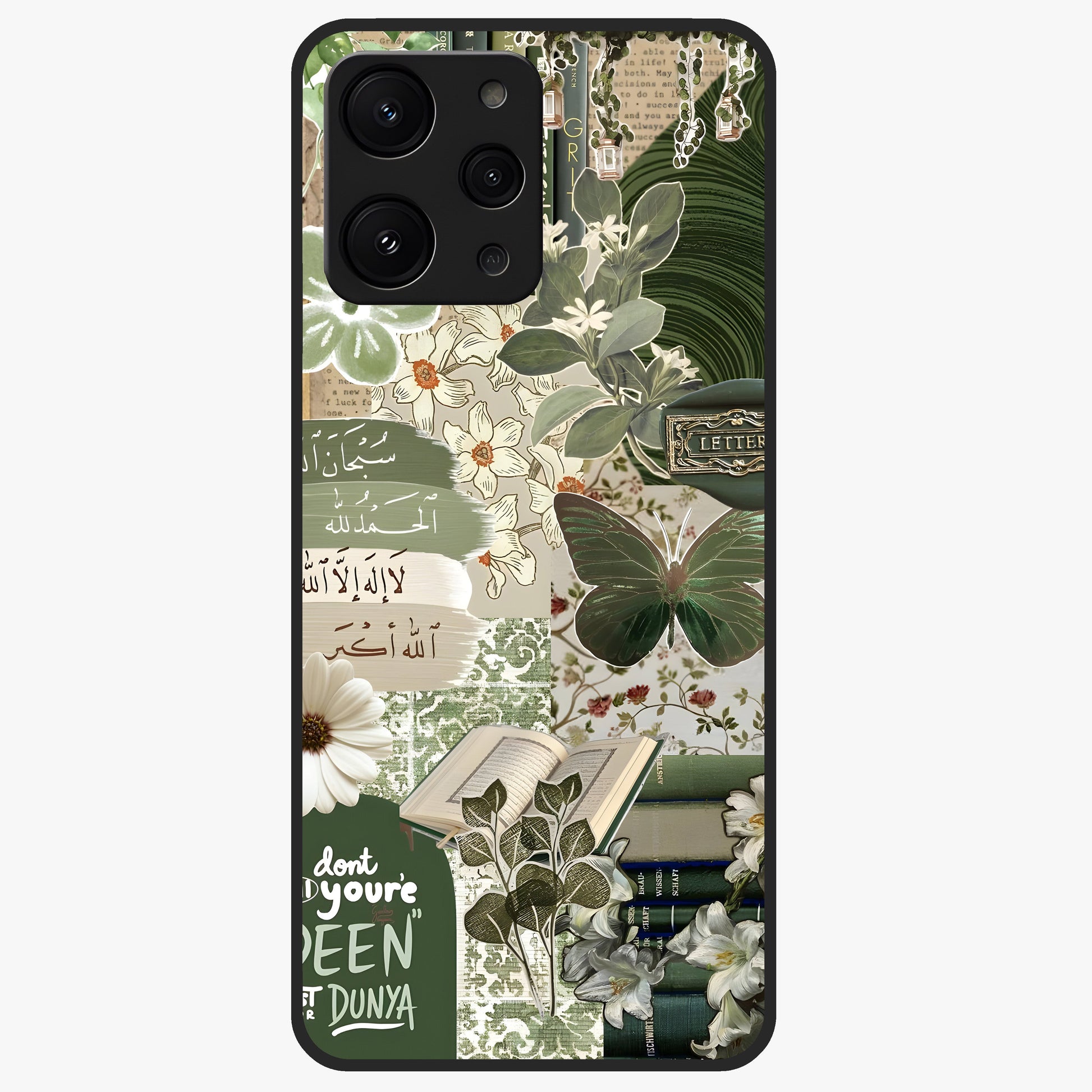 Green Islamic Books Quotes Glass Case showing flat back view with Islamic quotes and book themed artwork and glossy glass finish.
