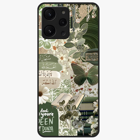 Green Islamic Books Quotes Glass Case showing flat back view with Islamic quotes and book themed artwork and glossy glass finish.