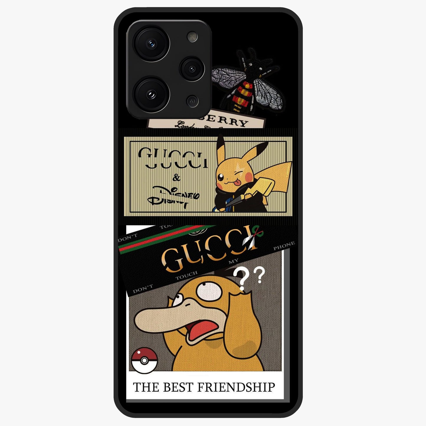 Gucci Play Mashup Glass Case showing flat back view with luxury inspired graphic artwork and glossy glass finish.