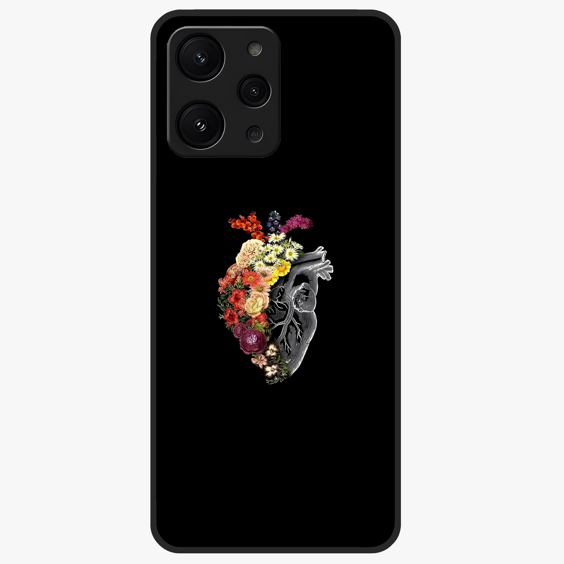 Heart With Flowers Glass Case showing flat back view with heart shaped floral artwork and glossy glass finish.