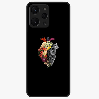 Heart With Flowers Glass Case showing flat back view with heart shaped floral artwork and glossy glass finish.