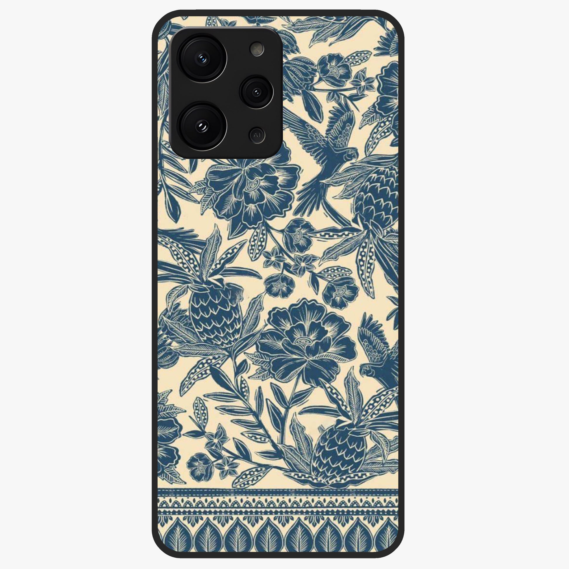 Heirloom Wild Bloom Glass Case showing flat back view with vintage inspired wild flower artwork and glossy glass finish.