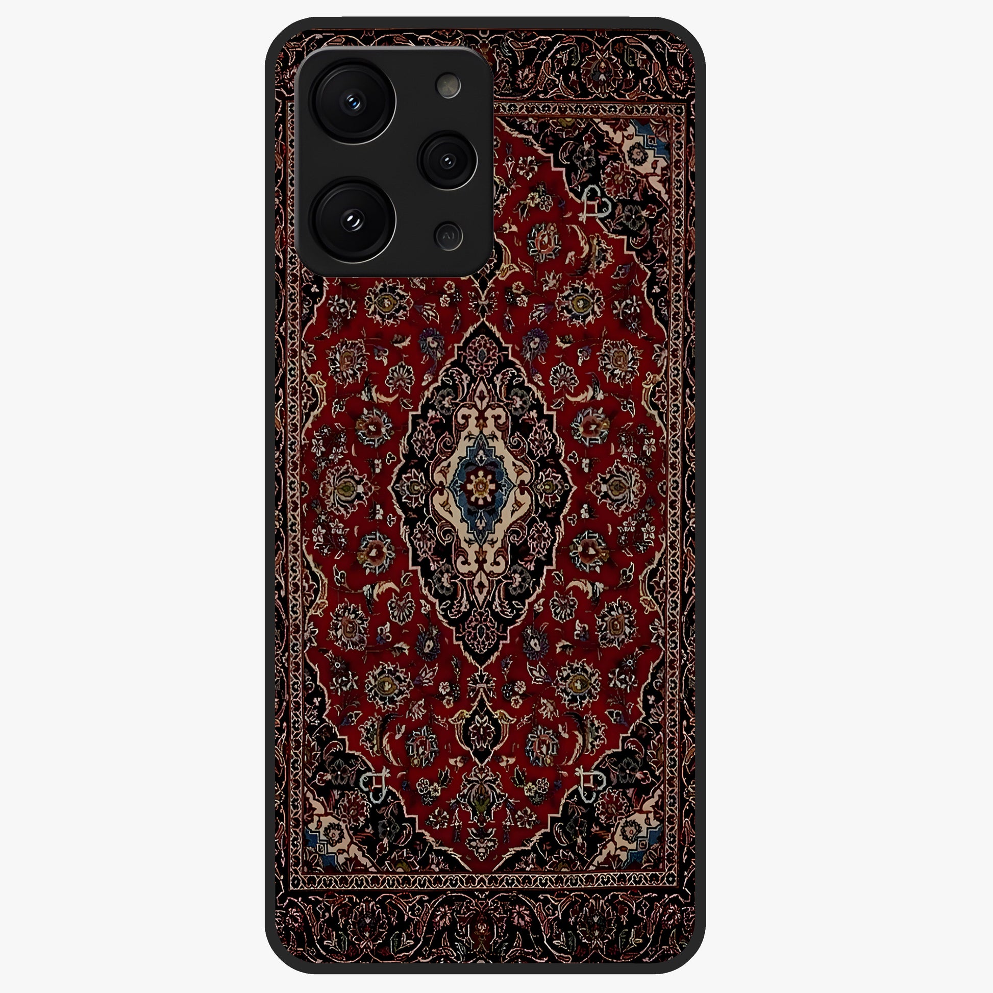 Heritage Carpet Royale Glass Case showing flat back view with ornate Persian carpet inspired pattern and glossy glass finish.