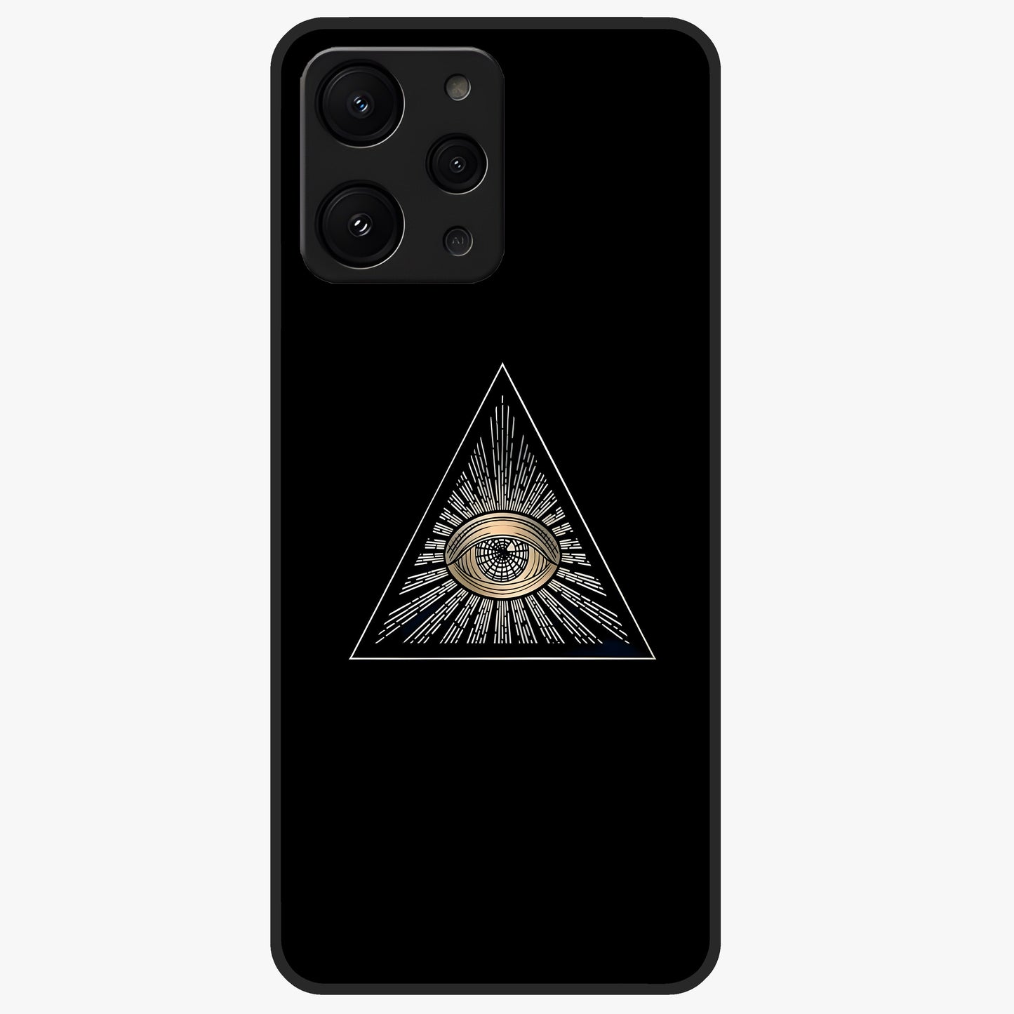 Illuminati Evil Glass Case showing flat back view with mysterious illuminati symbol artwork and glossy glass finish.