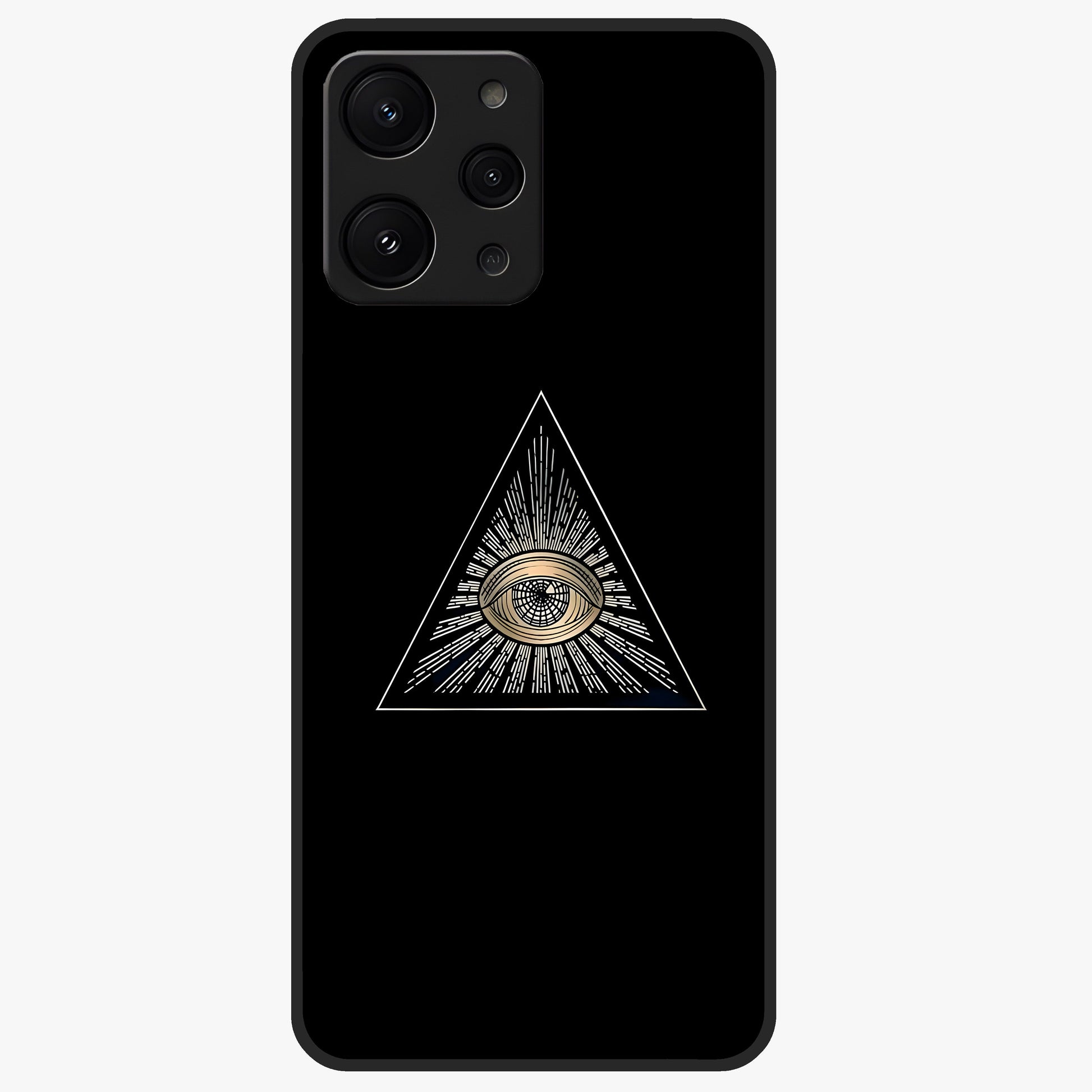 Illuminati Evil Glass Case showing flat back view with mysterious illuminati symbol artwork and glossy glass finish.