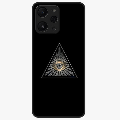 Illuminati Evil Glass Case showing flat back view with mysterious illuminati symbol artwork and glossy glass finish.