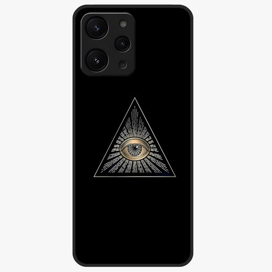 Illuminati Evil Glass Case showing flat back view with mysterious illuminati symbol artwork and glossy glass finish.