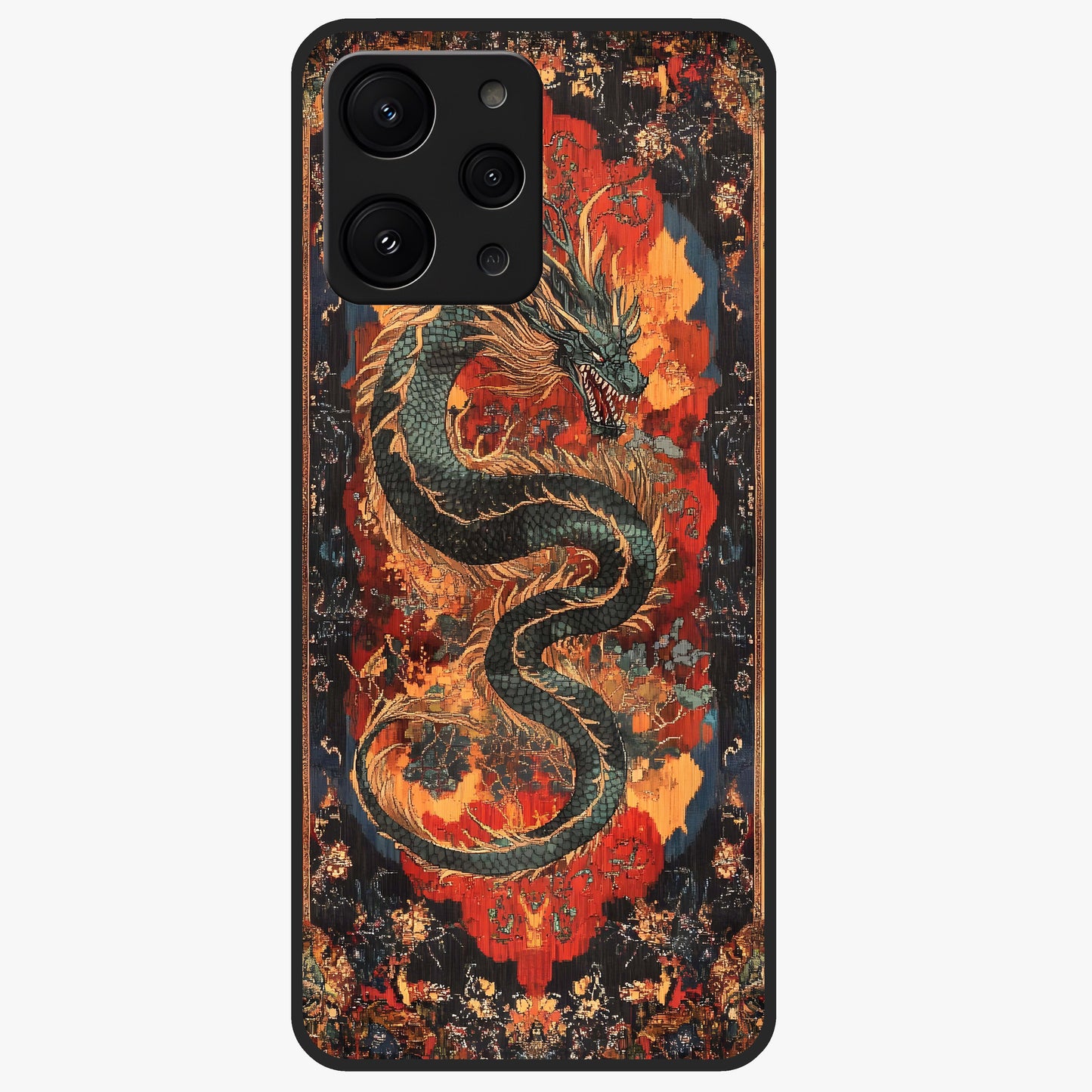 Inferno Dragon Soul Glass Case showing flat back view with fiery dragon artwork and glossy glass finish.