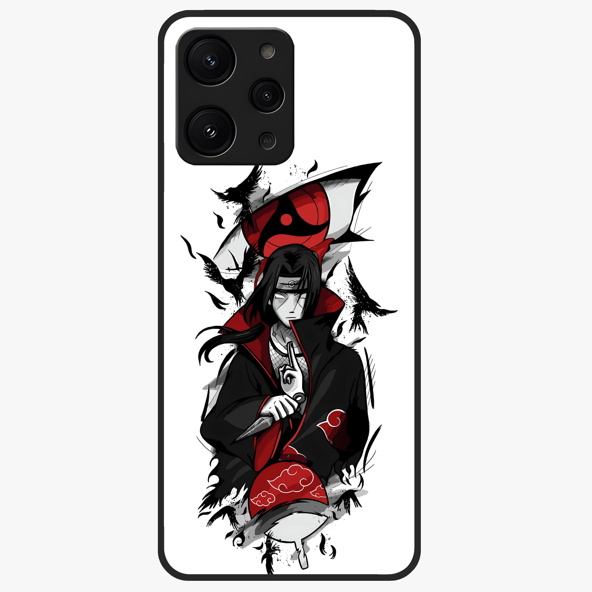 Itachi Sharingan Glass Case showing flat back view with powerful anime eye artwork and glossy glass finish.