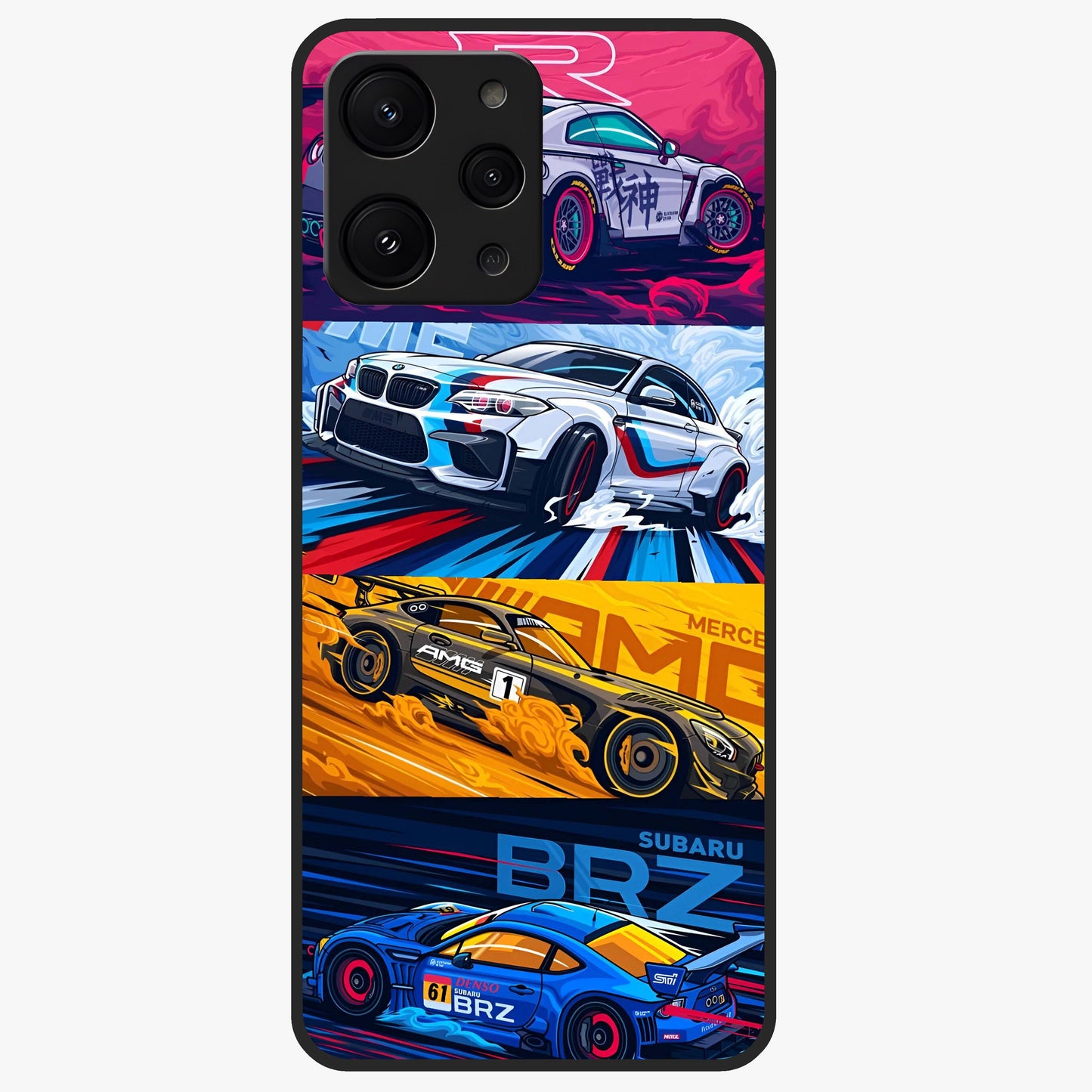 JDM Sports Car Glass Case showing flat back view with high performance sports car artwork and glossy glass finish.
