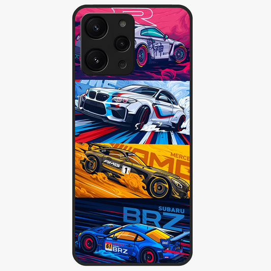 JDM Sports Car Glass Case showing flat back view with high performance sports car artwork and glossy glass finish.