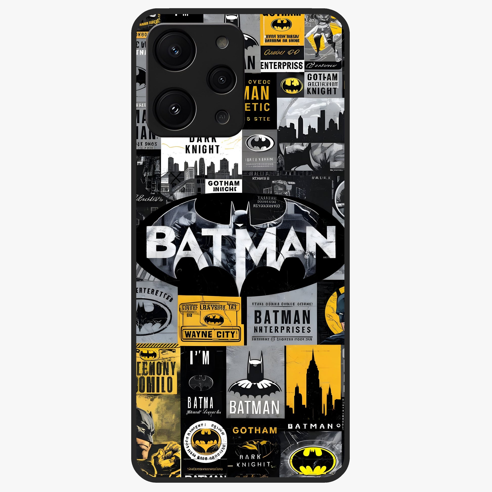 Knight Gotham Rise Glass Case showing flat back view with dark hero inspired artwork and glossy glass finish.