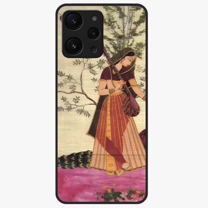 Lady With Veena Art Glass Case showing flat back view with elegant woman playing veena artwork and glossy glass finish.