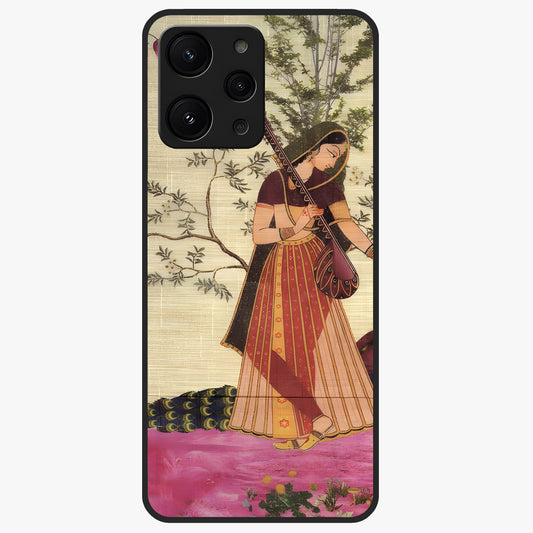 Lady With Veena Art Glass Case showing flat back view with elegant woman playing veena artwork and glossy glass finish.