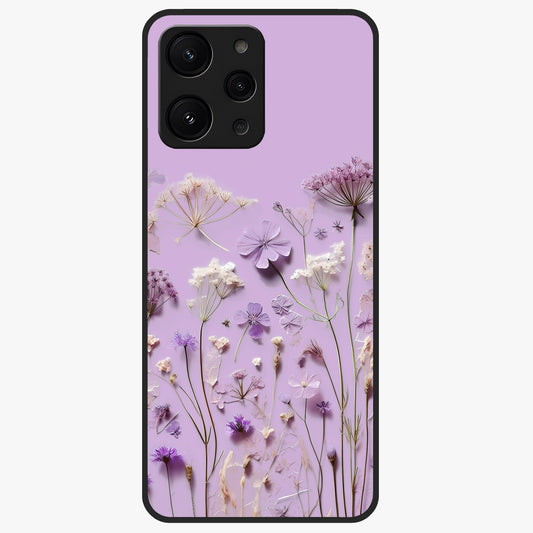 Lavender Blossom Dream Glass Case showing flat back view with soft lavender floral artwork and glossy glass finish.