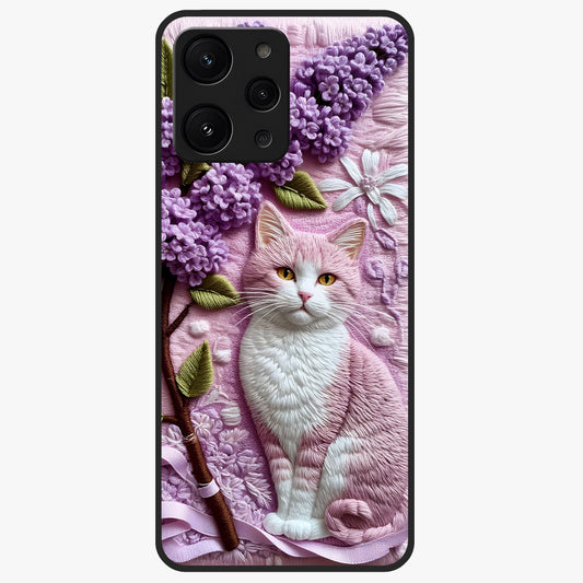 Lavender Cat Whimsy Glass Case showing flat back view with cute lavender cat artwork and glossy glass finish.