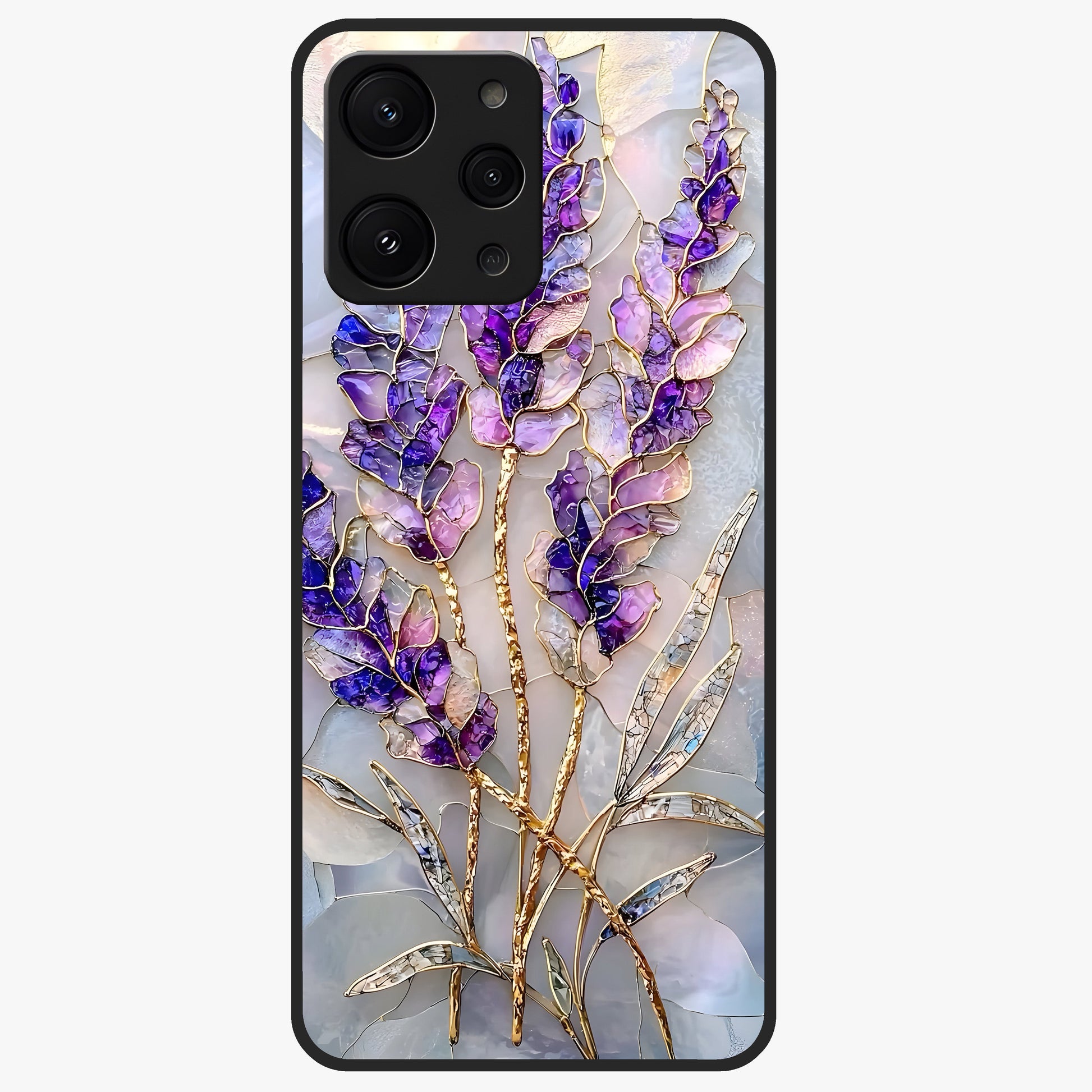 Lavender Dream Glow Glass Case showing flat back view with glowing lavender aesthetic artwork and glossy glass finish.
