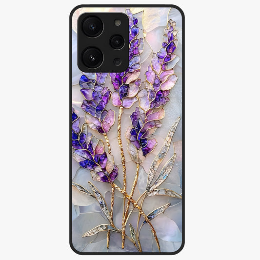 Lavender Dream Glow Glass Case showing flat back view with glowing lavender aesthetic artwork and glossy glass finish.