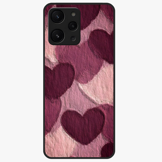 Layered Paper Hearts Glass Case showing flat back view with layered paper heart artwork and glossy glass finish.