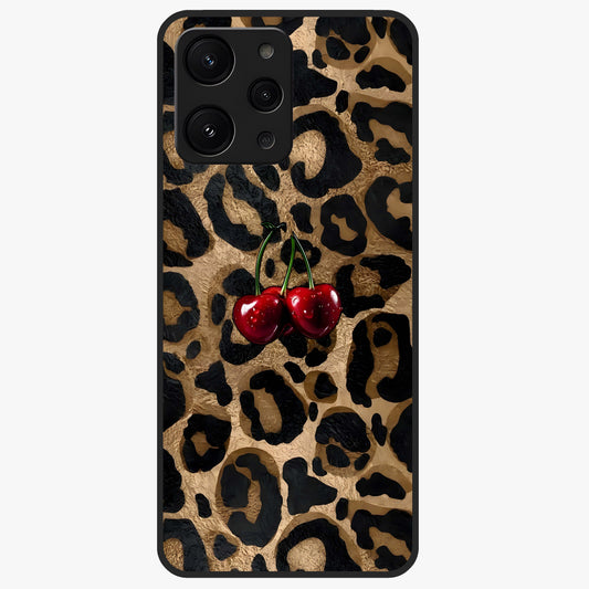 Leopard Wild Cherry Glass Case showing flat back view with leopard pattern and cherry artwork and glossy glass finish.